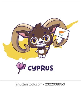 National animal mouflon holding the flag of Cyprus. National flower cyclamen displayed on bottom left