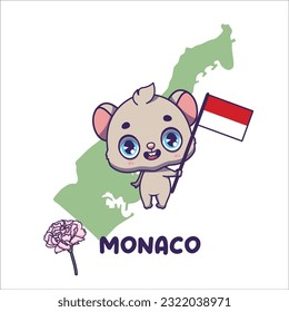 National animal mouse holding the flag of Monaco. National flower carnation displayed on bottom left