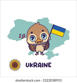 National animal nightingale holding the flag of Ukraine. National flower sunflower displayed on bottom left