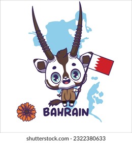 National animal oryx holding the flag of Bahrain. National flower gerbera displayed on bottom left