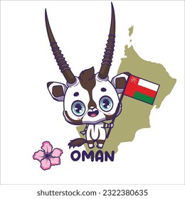 National animal oryx holding the flag of Oman. National flower desert rose displayed on bottom left