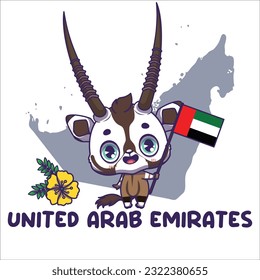 National animal oryx holding the flag of United Arab Emirates. National flower tribulus omanese displayed on bottom left