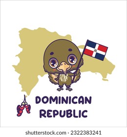 National animal palmchat holding the flag of Dominican Republic. National flower sabinea carinalis displayed on bottom left