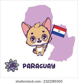 National animal pampas fox holding the flag of Paraguay. National flower bluecrown passionflower displayed on bottom left