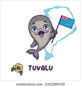 National animal pantropical spotted dolphin holding the flag of Tuvalu. National flower hibiscus displayed on bottom left