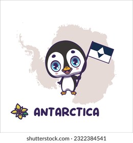 National animal penguin holding the flag of Antarctica. National flower antarctic water starwort displayed on bottom left