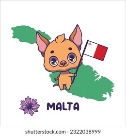 National animal pharaoh hound holding the flag of Malta. National flower centaurea displayed on bottom left