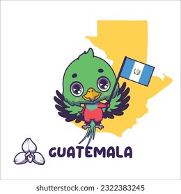 National animal resplendent quetzal holding the flag of Guatemala. National flower white nun orchid displayed on bottom left