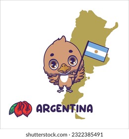 National animal rufus hornero holding the flag of Argentina. National flower ceibo displayed on bottom left