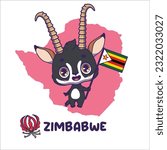 National animal sable antelope holding the flag of Zimbabwe. National flower flame lily displayed on bottom left