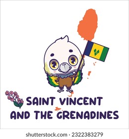 National animal Saint Vincent amazon holding the flag of Saint Vincent and the Grenadines. National flower soufriere tree flower displayed on bottom left