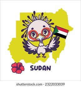 Pájaro del secretario nacional de animales con la bandera de Sudán. Fósforo nacional de flores expuesto en la parte inferior izquierda