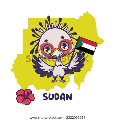 National animal secretary bird holding the flag of Sudan. National flower hibiscus displayed on bottom left