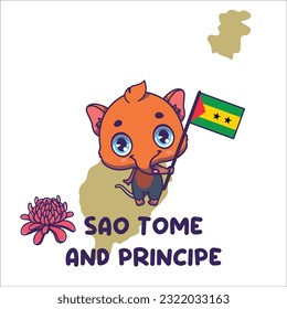 National animal shrew holding the flag of Sao Tome and Principe. National flower porcelana rose displayed on bottom left