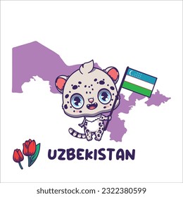 National animal snow leopard holding the flag of Uzbekistan. National flower tulip displayed on bottom left