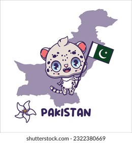 National animal snow leopard holding the flag of Pakistan. National flower white jasmine displayed on bottom left