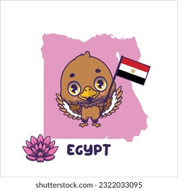 National animal steppe eagle holding the flag of Egypt. National flower lotus displayed on bottom left