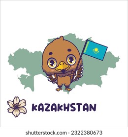 National animal steppe eagle holding the flag of Kazakhstan. National flower lily displayed on bottom left