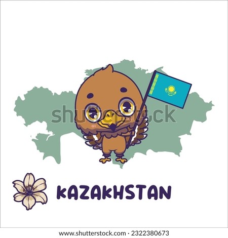 National animal steppe eagle holding the flag of Kazakhstan. National flower lily displayed on bottom left