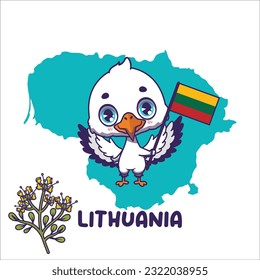 National animal stork holding the flag of Lithuania. National flower rue displayed on bottom left