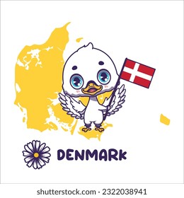 National animal swan holding the flag of Denmark. National flower marguerite daisy displayed on bottom left