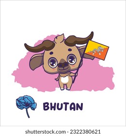 National animal takin holding the flag of Bhutan. National flower blue poppy displayed on bottom left