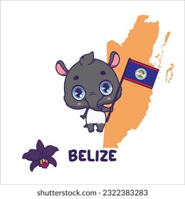 National animal tapir holding the flag of Belize. National flower black orchid displayed on bottom left