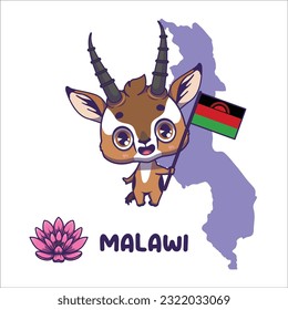 El animal nacional Thomson's Gazelle sostiene la bandera de Malawi. Loto de flor nacional mostrado en la parte inferior izquierda