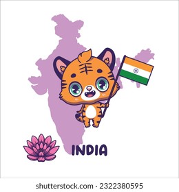 Tigre animal con la bandera de la India. Loto de flor nacional mostrado en la parte inferior izquierda