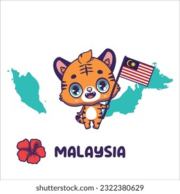 National animal tiger holding the flag of Malaysia. National flower hibiscus displayed on bottom left
