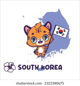 National animal tiger holding the flag of South Korea. National flower hibiscus displayed on bottom left