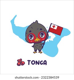 National animal tongan megapode holding the flag of Tonga. National flower heilala displayed on bottom left