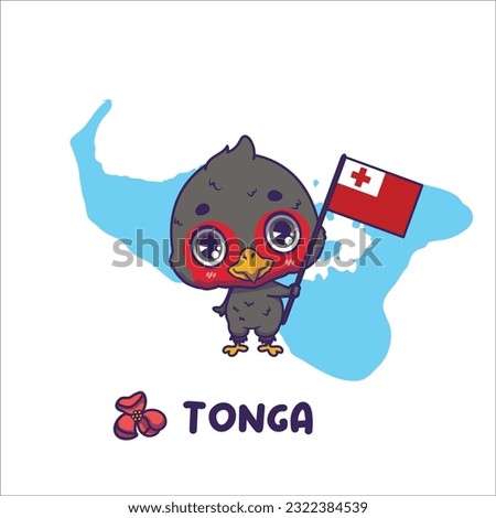 National animal tongan megapode holding the flag of Tonga. National flower heilala displayed on bottom left