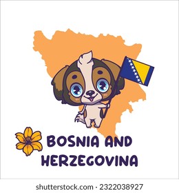 National animal tornjak holding the flag of Bosnia and Herzegovina. National flower golden lily displayed on bottom left