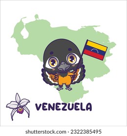 National animal troupial holding the flag of Venezuela. National flower cattleya mossiae (Easter orchid) displayed on bottom left