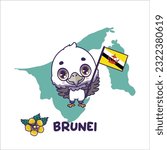 National animal white bellied sea eagle holding the flag of Brunei. National flower simpor displayed on bottom left