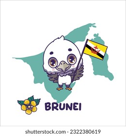 National animal white bellied sea eagle holding the flag of Brunei. National flower simpor displayed on bottom left