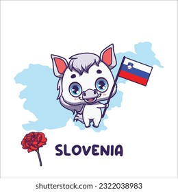 National animal white horse holding the flag of Slovenia. National flower red carnation displayed on bottom left