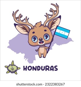 National animal white tailed deer holding the flag of Honduras. National flower orchid rhyncholaelia digbyana displayed on bottom left