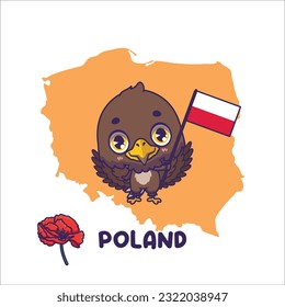 National animal white tailed eagle holding the flag of Poland. National flower poppy displayed on bottom left