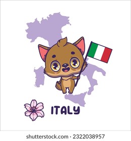 National animal wolf holding the flag of Italy. National flower lily displayed on bottom left