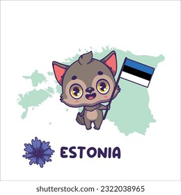 National animal wolf holding the flag of Estonia. National flower cornflower displayed on bottom left