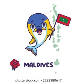 National animal yellowfin tuna holding the flag of Maldives. National flower rose displayed on bottom left