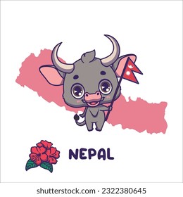 National animal zebu holding the flag of Nepal. National flower rhododendron arboreum displayed on bottom left