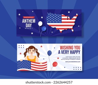 National Anthem Day Horizontal Banner with United States of America Flag Flat Cartoon Hand Drawn Templates Illustration