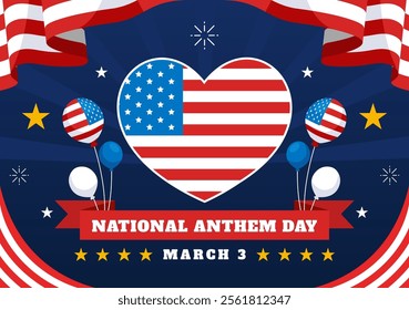 National Anthem Day Vector Illustration on March 3 Featuring the United States of America Flag in a National Holiday Flat Cartoon Background Design