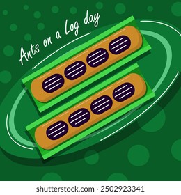 National Ants on a Log Day event food banner. Delicious snack of cut celery stalks filled with peanut butter and raisin topping served on green plate on dark green background to celebrate on September