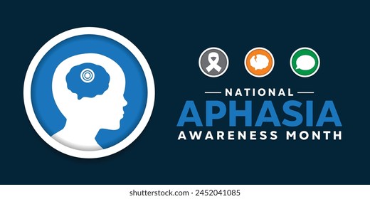National Aphasia Awareness Month. Human, Brain and more. Great for cards, banners, posters, social media and more. Dark blue background.
