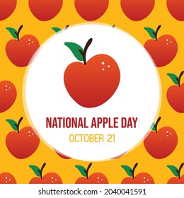 National Apple Day greeting card, vector illustration with cartoon style red apple and seamless pattern background. October 21.