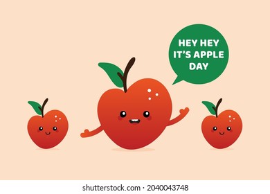 National Apple Day greeting card, vector illustration cute cartoon style smiling red apple characters. October 21.